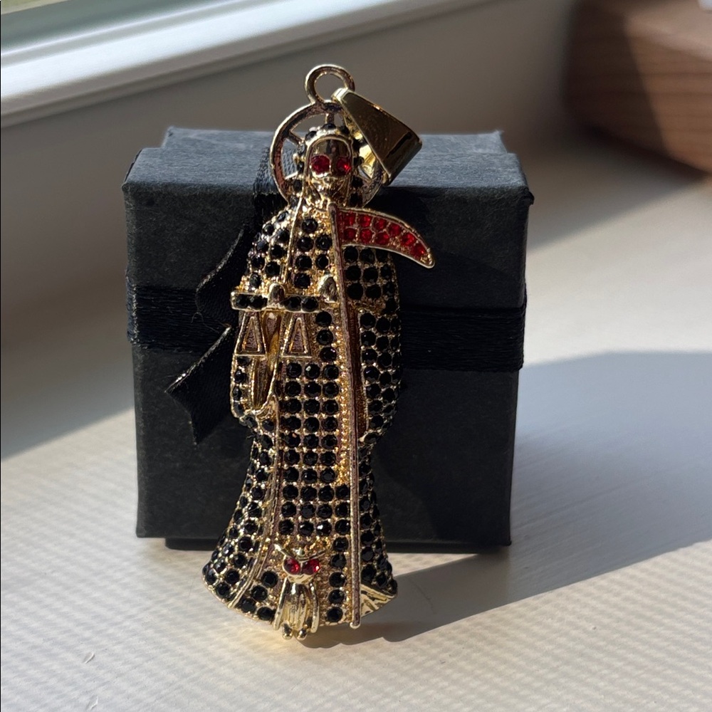 Gold Plated Grim Reaper Santa Muerte Large Pendant Black Red Crystal Gothic - Picture 3 of 10